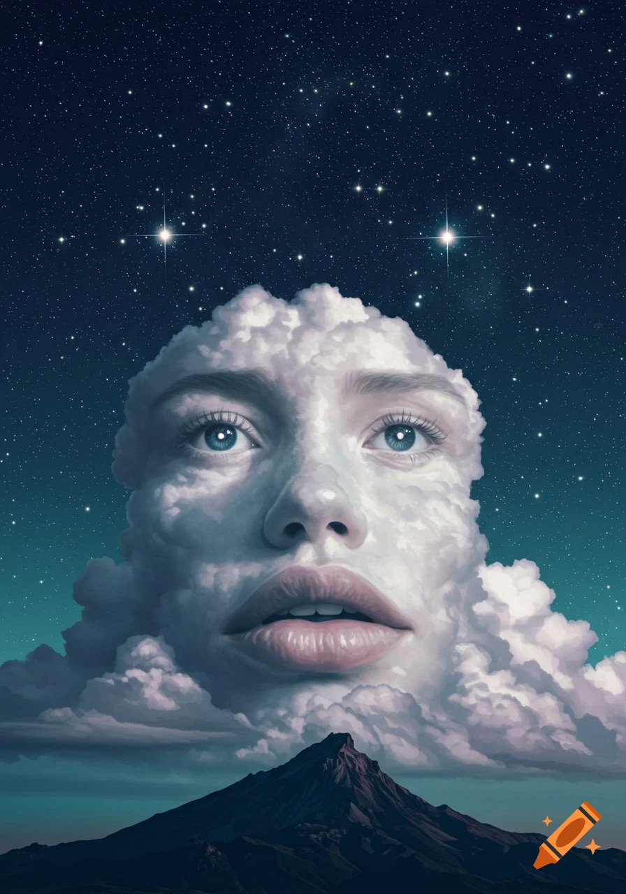 Surreal portrait of a face made of clouds with blue star eyes, a mountain nose, against a starry night sky.