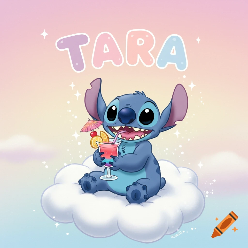 Cartoon Stitch sits on a fluffy cloud, happily holding a rainbow cocktail. The name Tara is above, set against a pastel sky with sparkles.