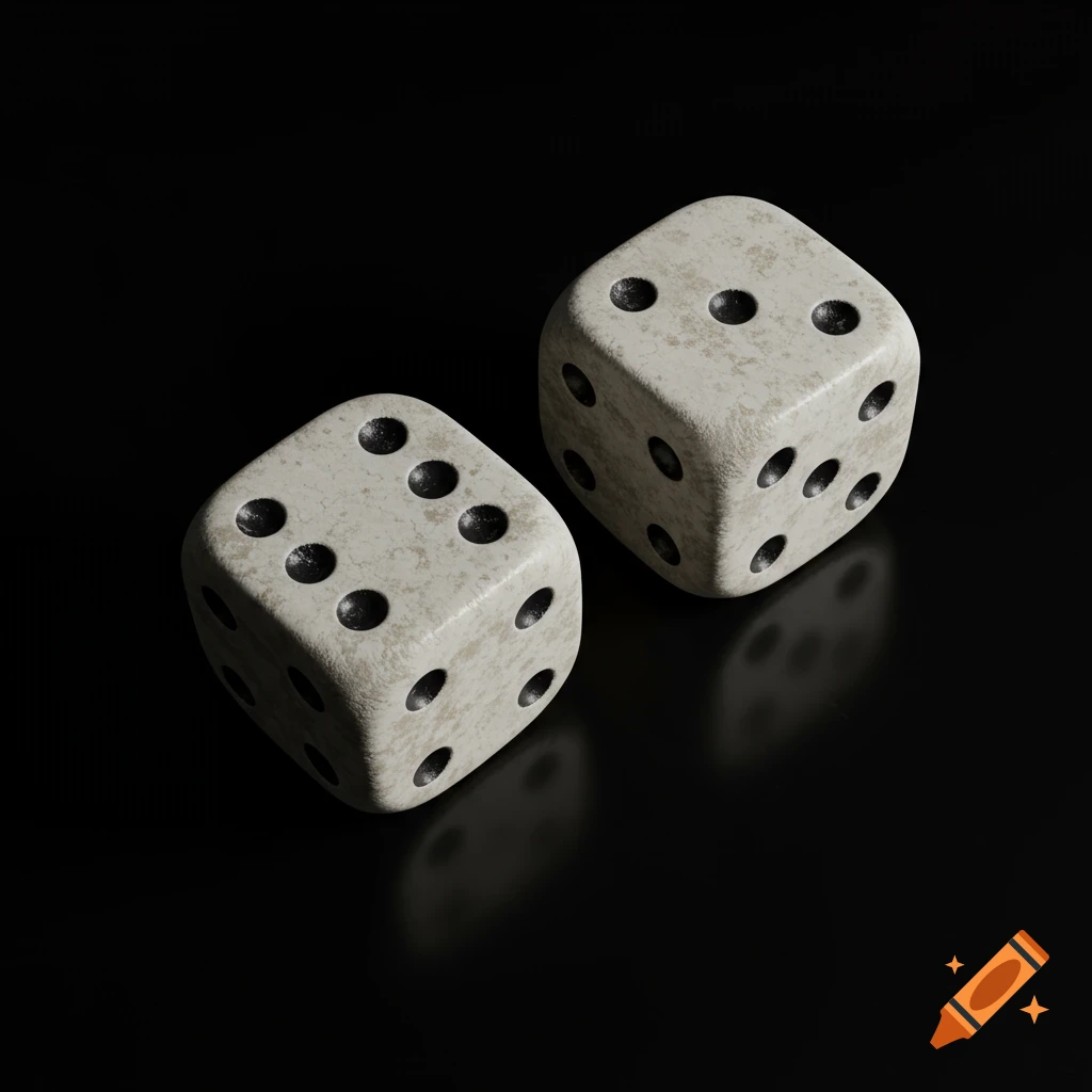A pair of weathered white dice with six pips on all visible sides, against a dark, reflective background.