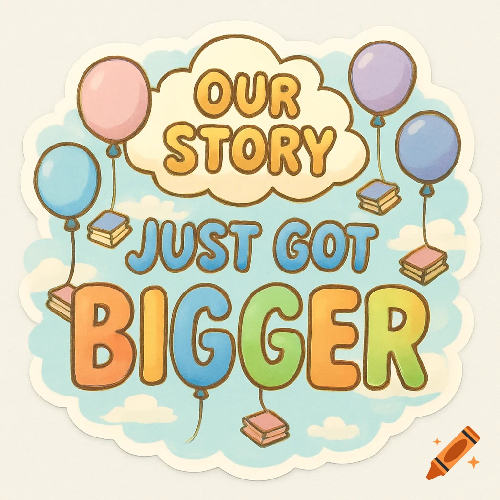 Whimsical illustration of pastel balloons and books with the text "OUR STORY JUST GOT BIGGER" on a cloud background.