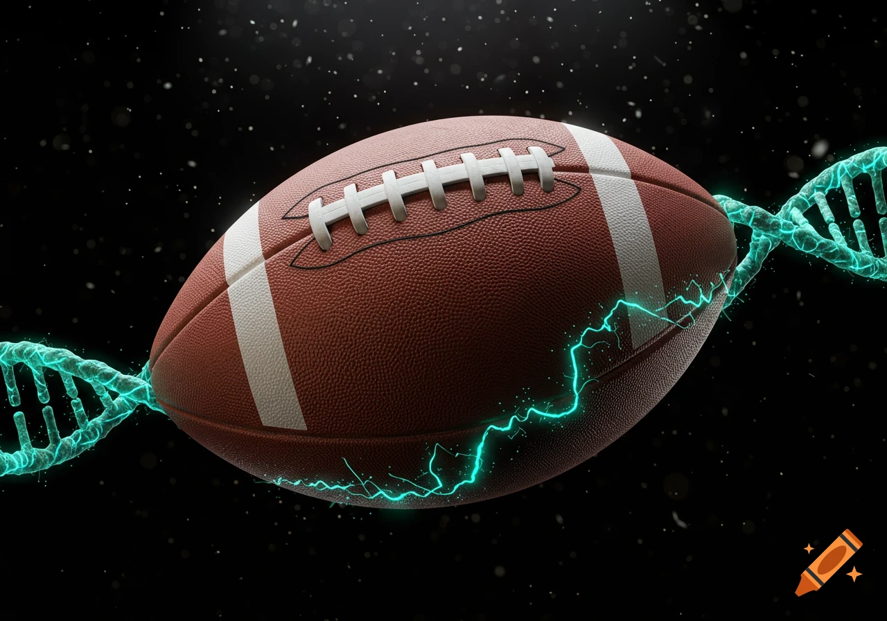 American football with glowing teal DNA strands wrapped around it, against a dark, speckled background.