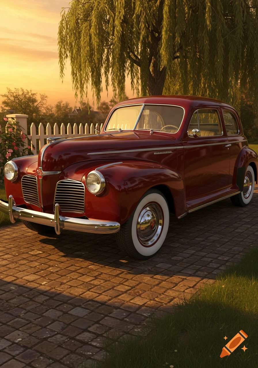 A shiny dark red vintage sedan with whitewall tires parked on a brick driveway at sunset, beneath a weeping willow tree.