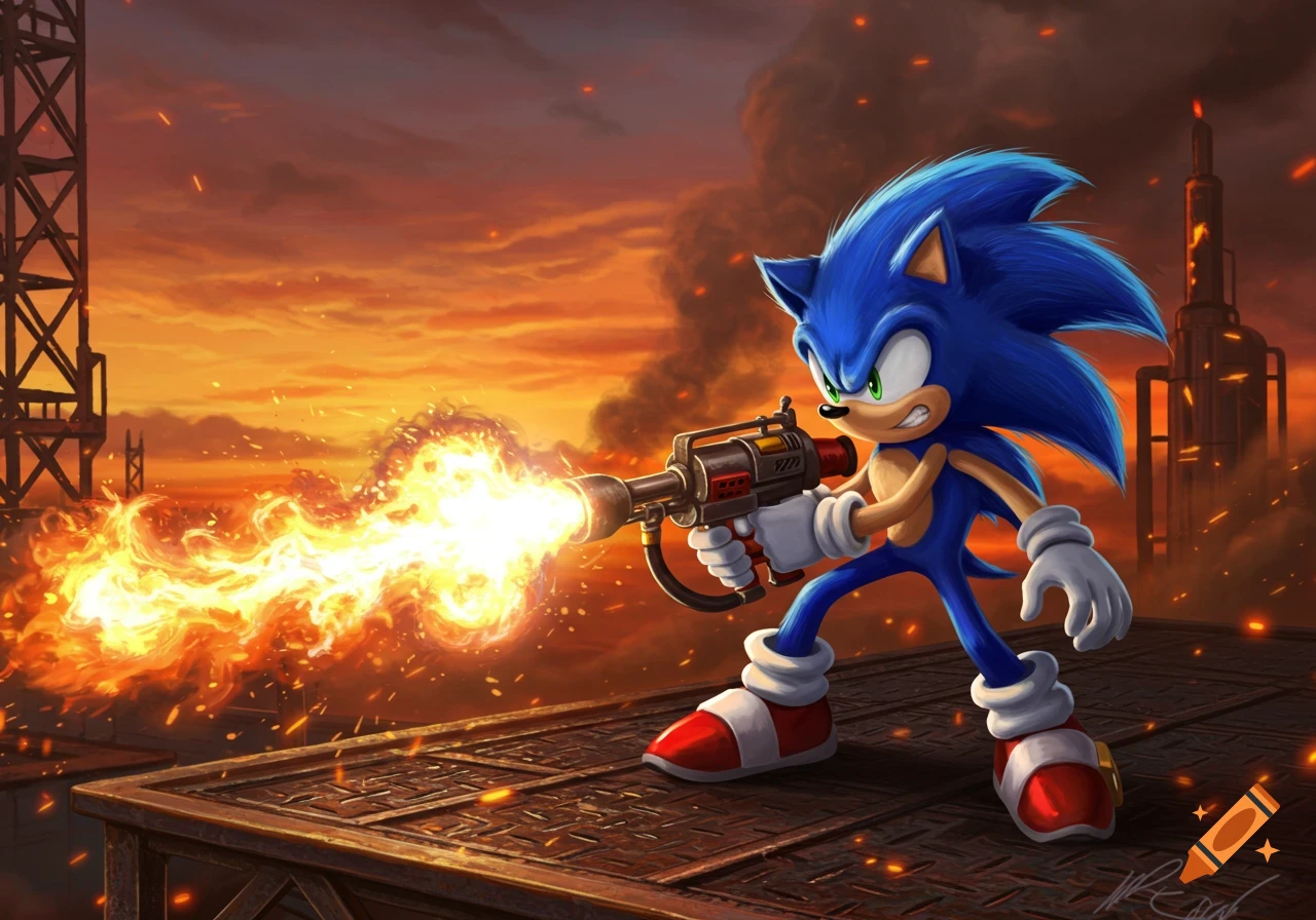 Sonic the Hedgehog fiercely wields a flamethrower, spewing fire against an industrial sunset backdrop.