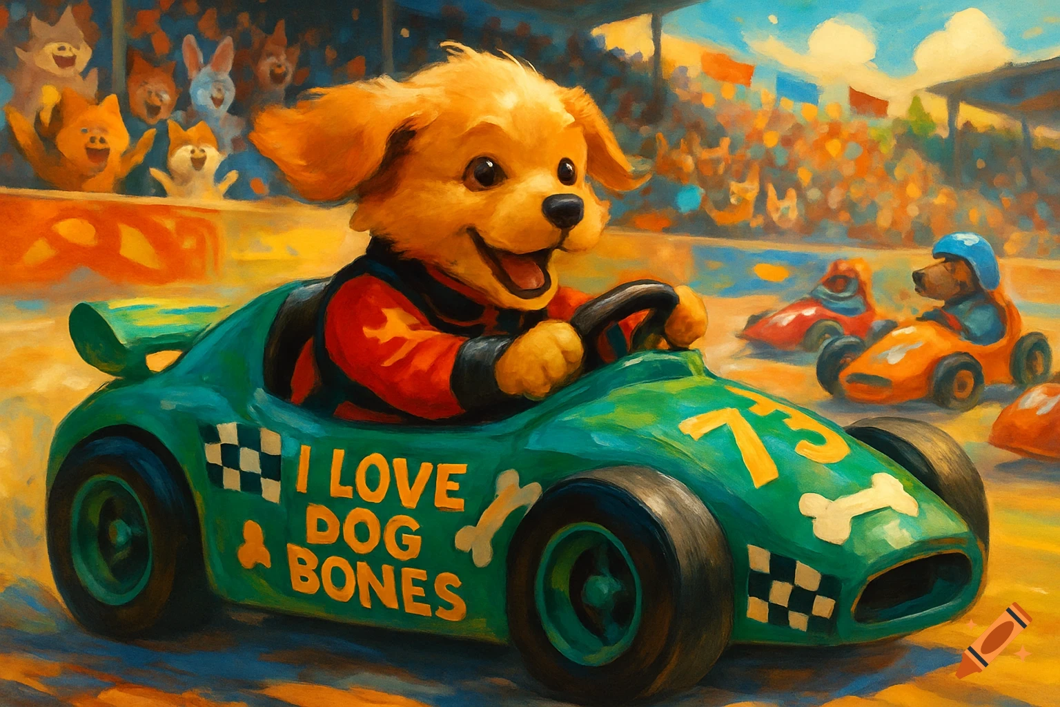 A happy puppy in a red racing suit drives a green car with "I LOVE DOG BONES" and "73" on it, racing with other animals while spectators cheer, in a painterly style.