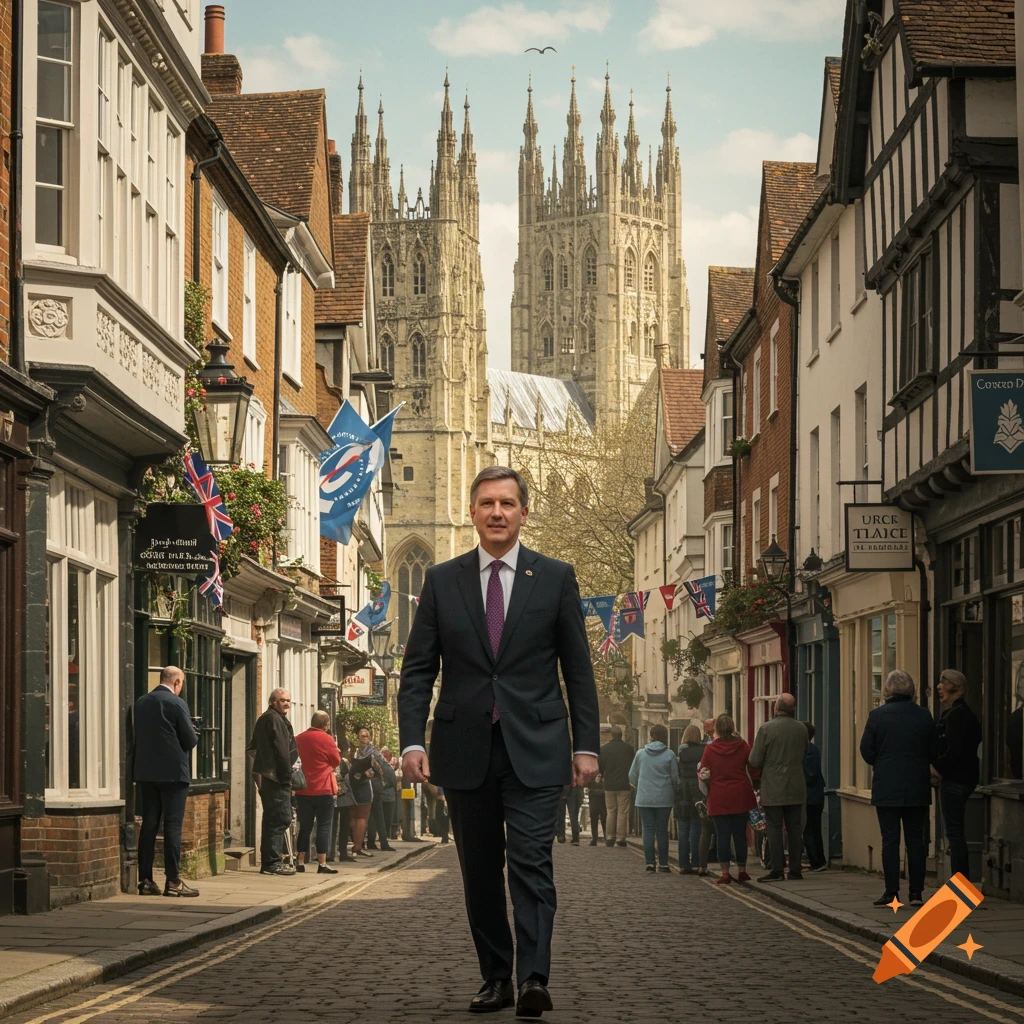 A man in a suit walks down a cobblestone street lined with shops, with Canterbury Cathedral in the background.