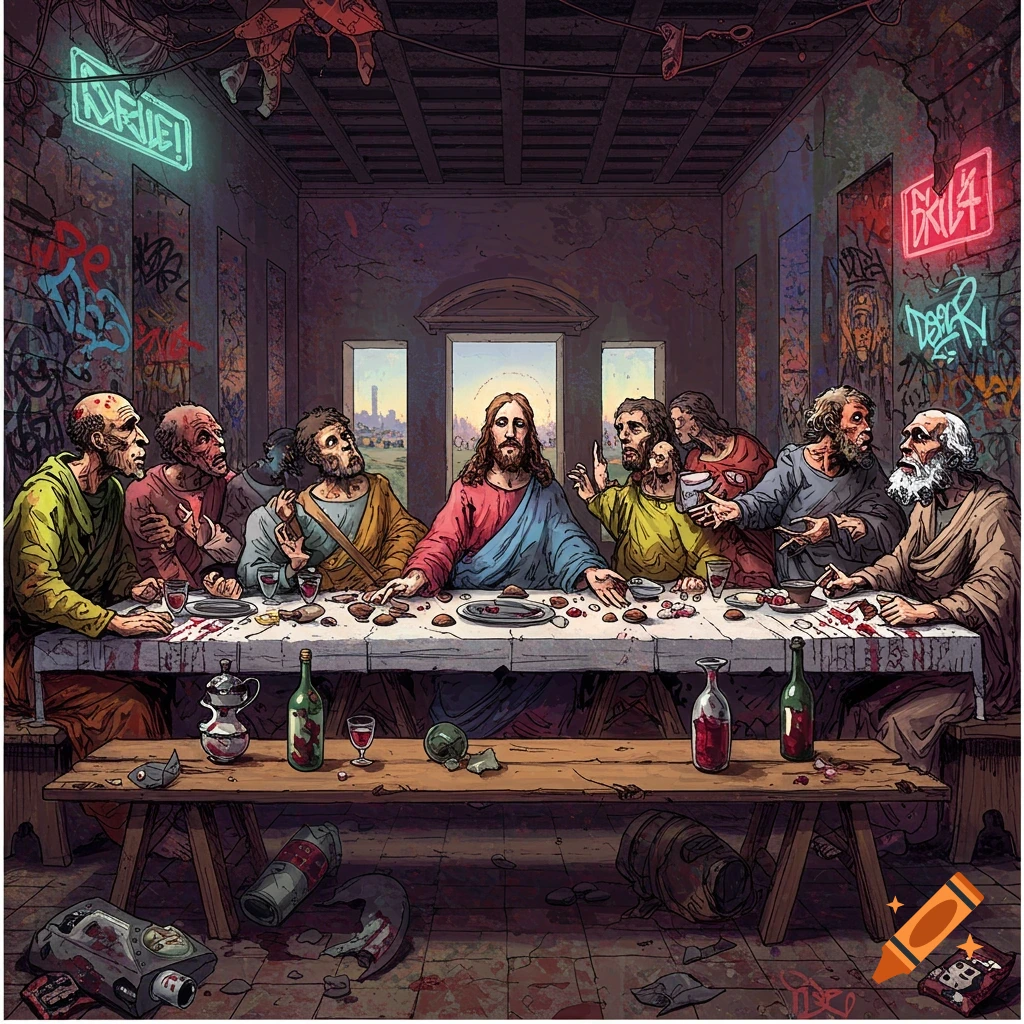 A gritty, stylized Last Supper with Jesus and disciples as zombie-like figures in a graffiti-covered, decaying room with neon signs and spilled wine. Art style reminiscent of Ralph Steadman.