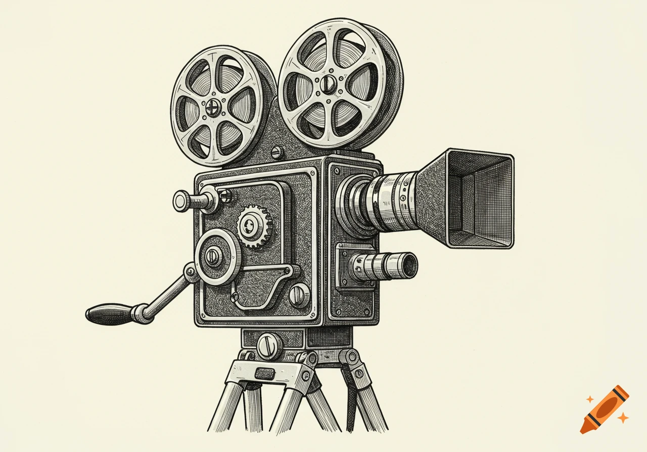 A detailed line drawing of a vintage movie camera on a tripod.