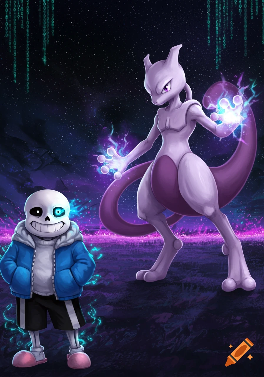 Mewtwo and Sans from Undertale stand in a starry, purple landscape with green Matrix code falling in the background.