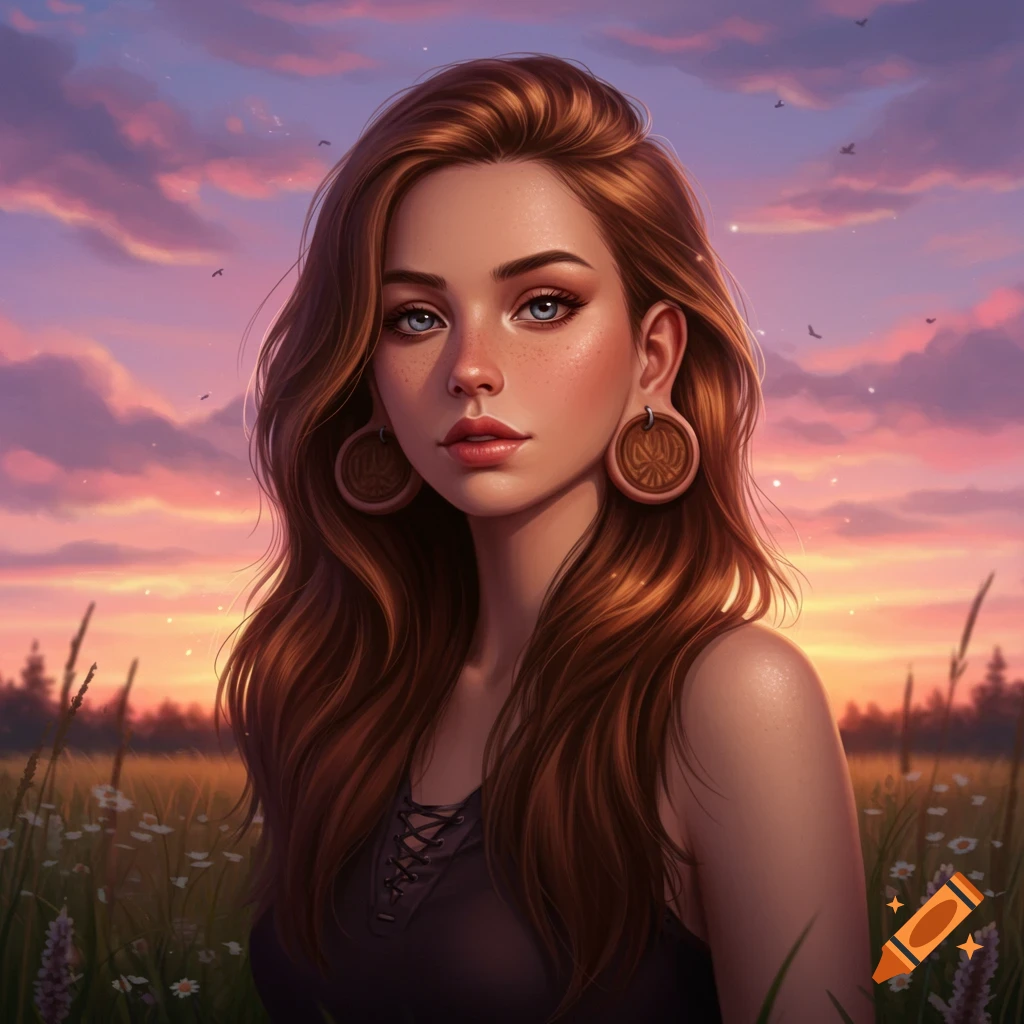 Digital art portrait of a pretty woman with long brown hair and stretched ear gauges in a field at sunset.