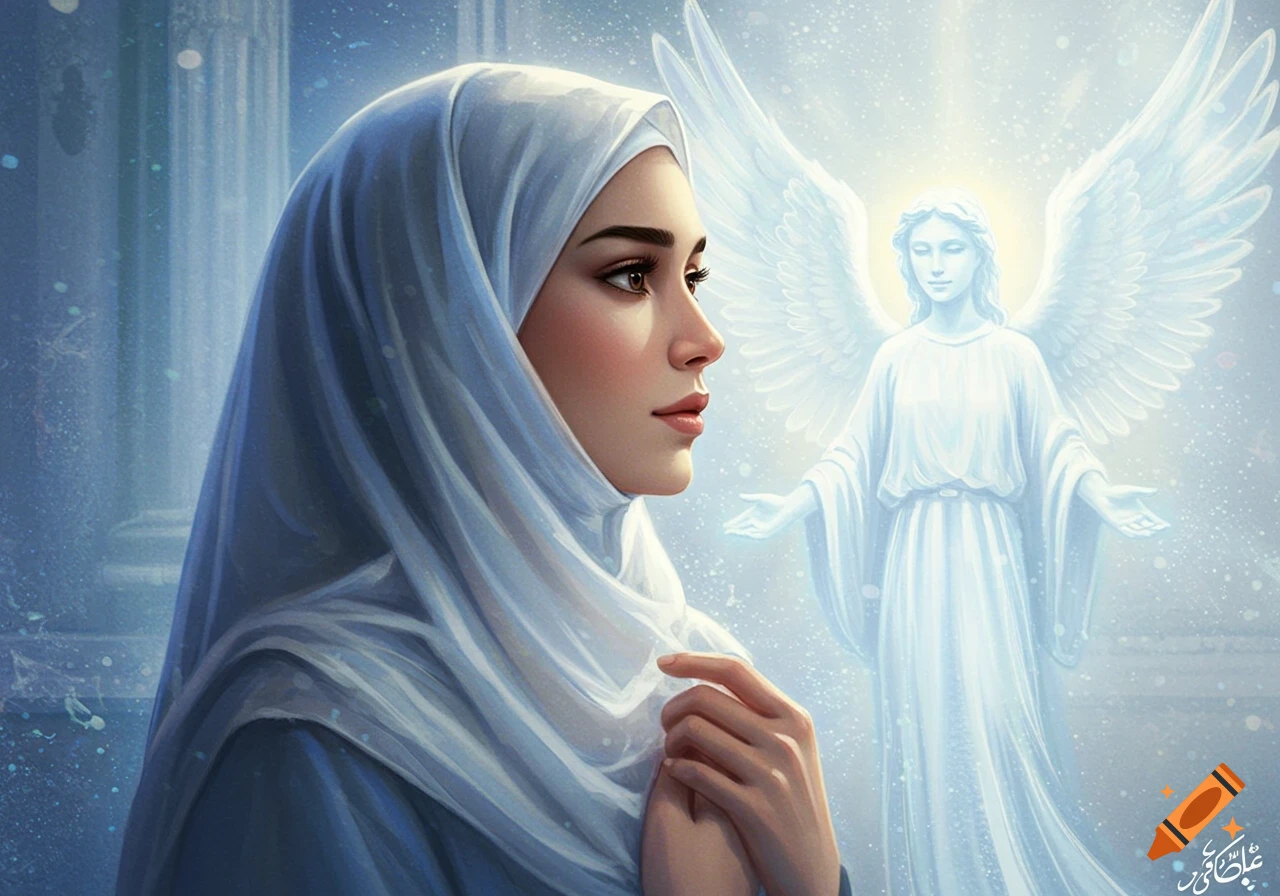 A woman in a white hijab looks at a glowing, winged angel in a spiritual, light blue and white scene.