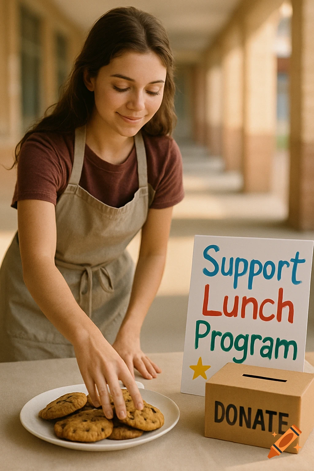 Photorealistic image of a smiling young woman in an apron arranging cookies at a school fundraiser with 'Support Lunch Program' sign and 'DONATE' box.