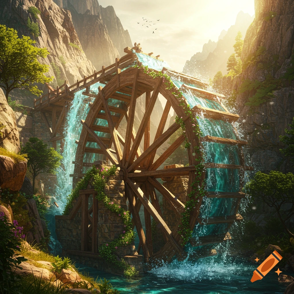 A majestic wooden water wheel with cascading water in a sunlit mountain valley, surrounded by lush greenery and towering peaks.