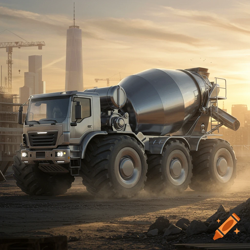 A photorealistic concrete mixer truck drives on a dusty construction site with city buildings and cranes in the background at sunset.