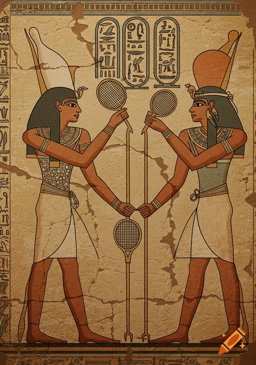An ancient Egyptian mural-style depiction of two figures in profile, holding tennis rackets, on a cracked beige background with hieroglyphs.