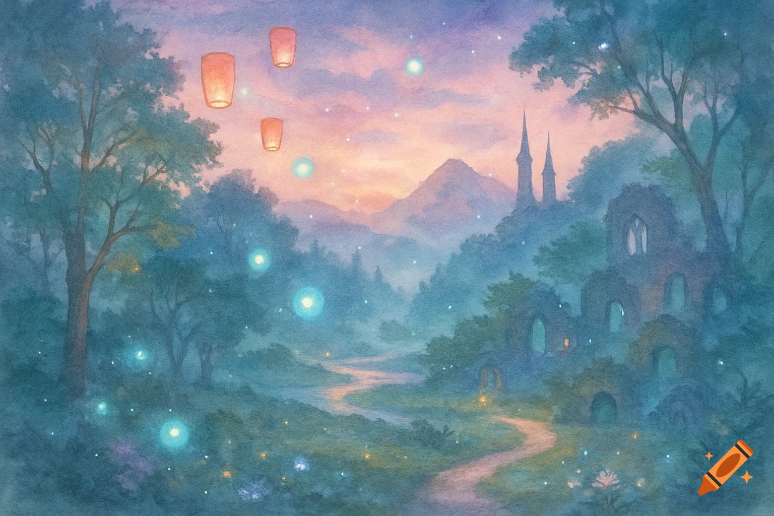 A mystical watercolor landscape with a winding path through misty forests, ancient ruins, distant castles, glowing orbs, and floating lanterns at twilight.