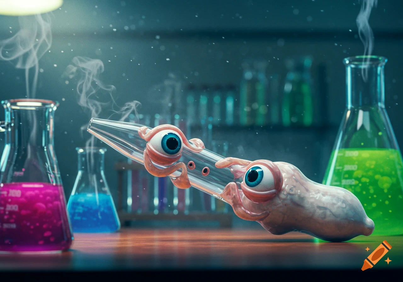 A surreal, creature-like mouth pipette with large eyes sits on a lab bench amidst colorful beakers and smoke.