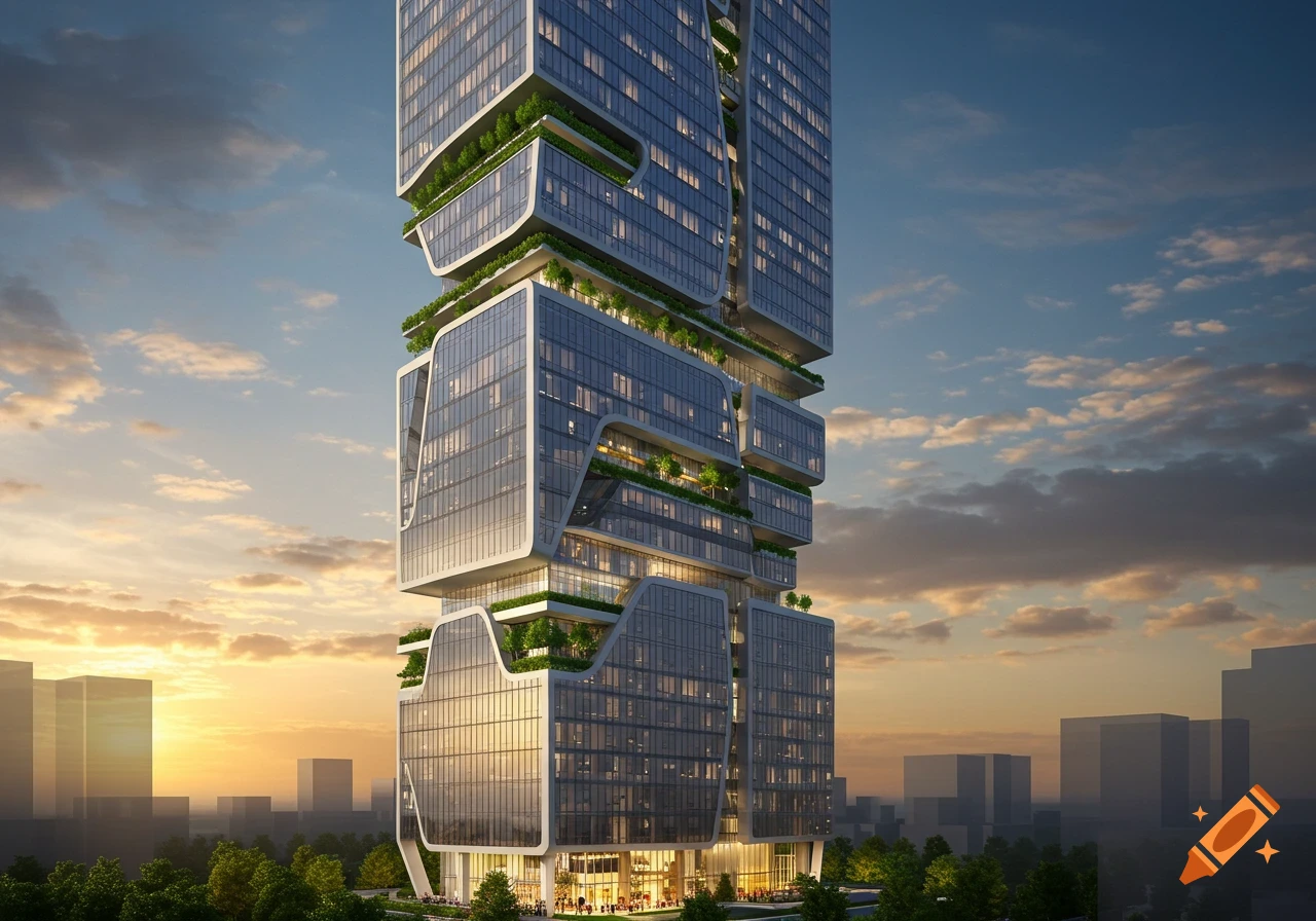 Photorealistic rendering of a futuristic multi-layered skyscraper with green terraces against a sunset sky.
