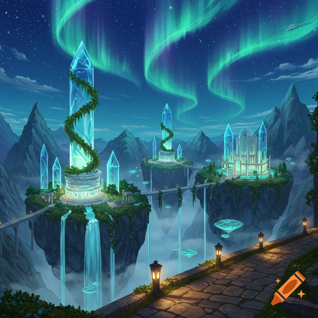 A vibrant fantasy landscape with glowing crystal towers on floating islands, waterfalls, and an aurora borealis in a starry night sky.