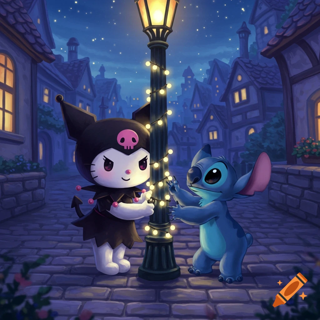 Cartoon characters Kuromi and Stitch decorating a lamppost with string lights on a cobbled street at night.