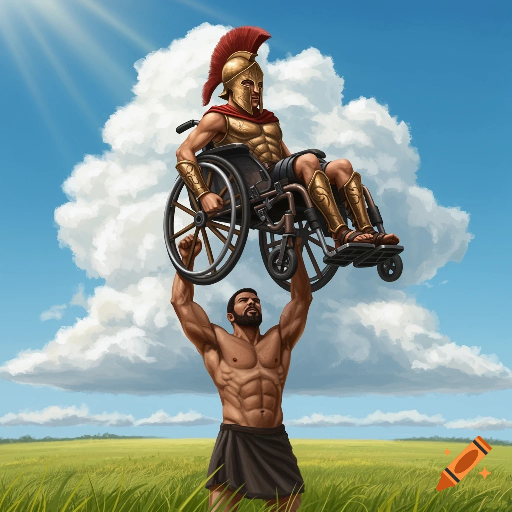 A muscular man lifts a Spartan warrior in a wheelchair high into a sunny blue sky above a green field.