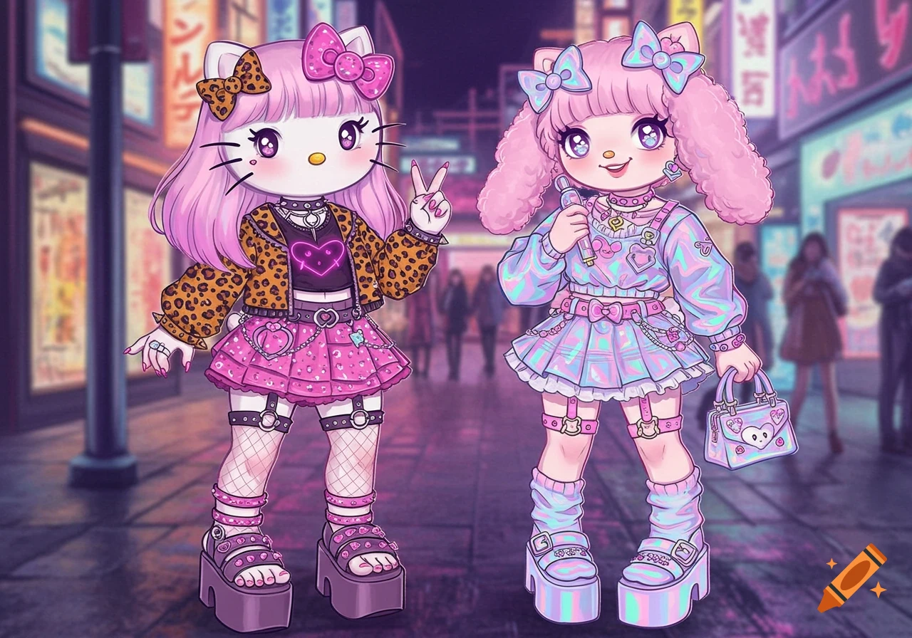 Hello Kitty and My Melody-inspired characters dressed in vibrant, pastel gyaru fashion, featuring platform shoes and layered accessories, standing on a city street at night.