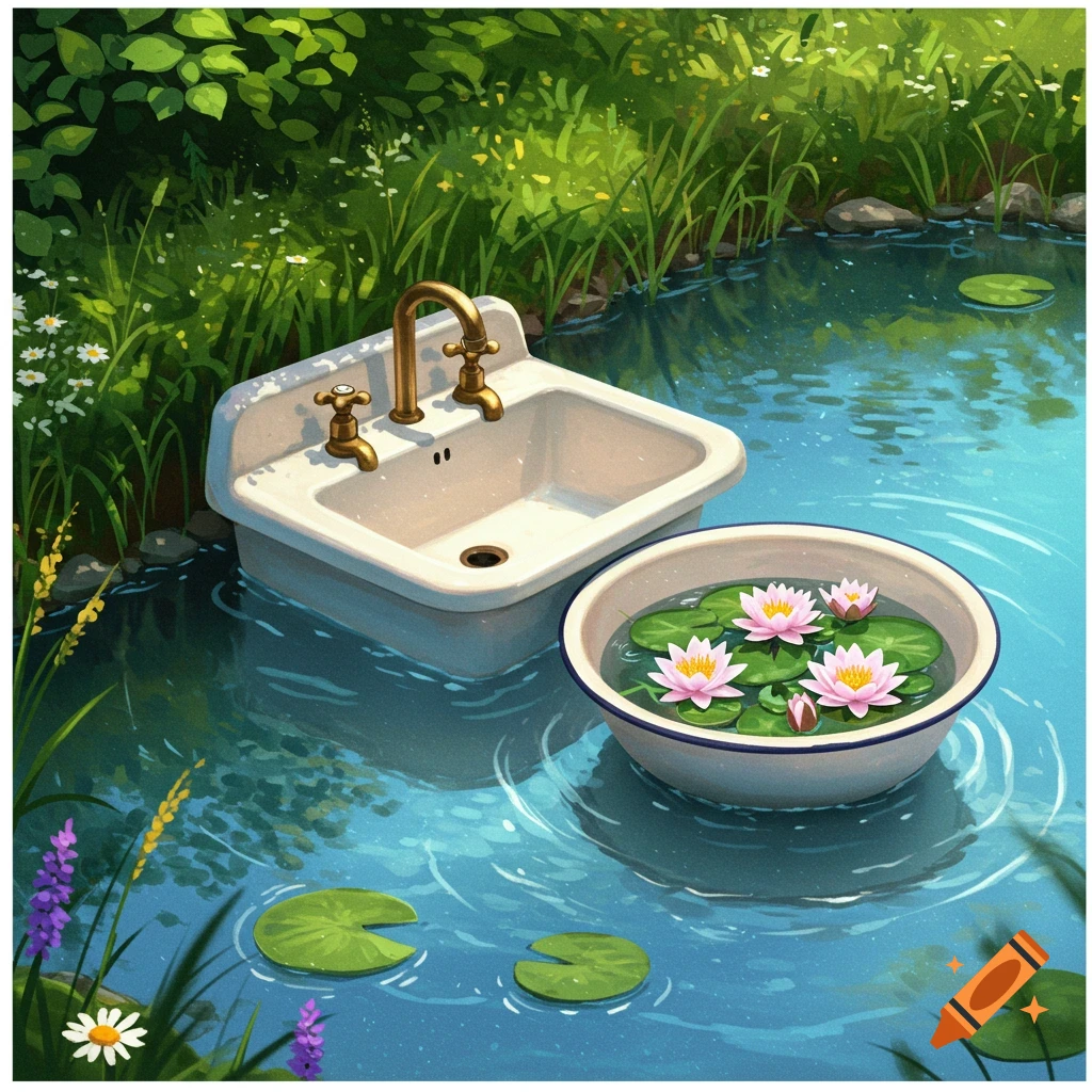 Stylized illustration of a white sink and a bowl of pink water lilies floating in a blue pond surrounded by green foliage.