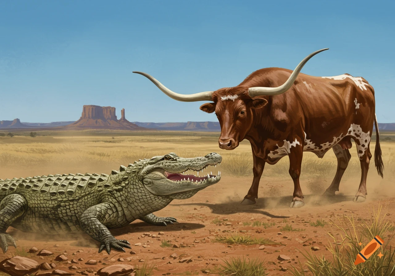 Illustrative image of a Texas longhorn bull confronting an alligator in a dry, desert landscape with mesas.