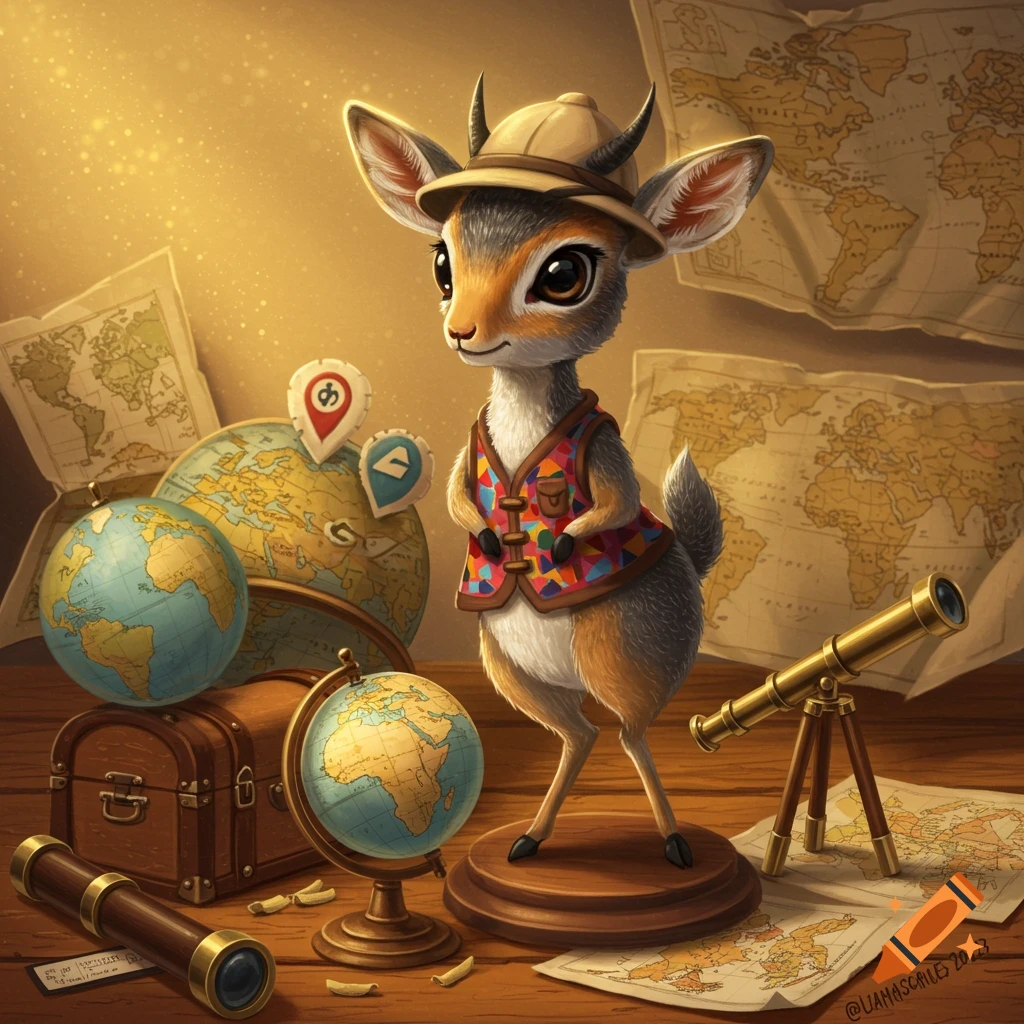 A cute, stylized dik-dik wearing an explorer's hat and patterned vest stands on a wooden desk surrounded by maps, globes, a wooden trunk, and a brass telescope.