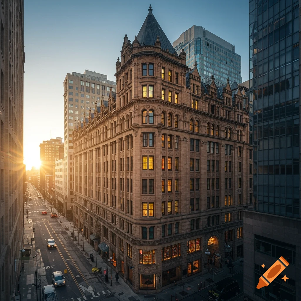 Ornate, old-fashioned stone skyscraper with glowing windows on a city street at sunset, surrounded by modern buildings.