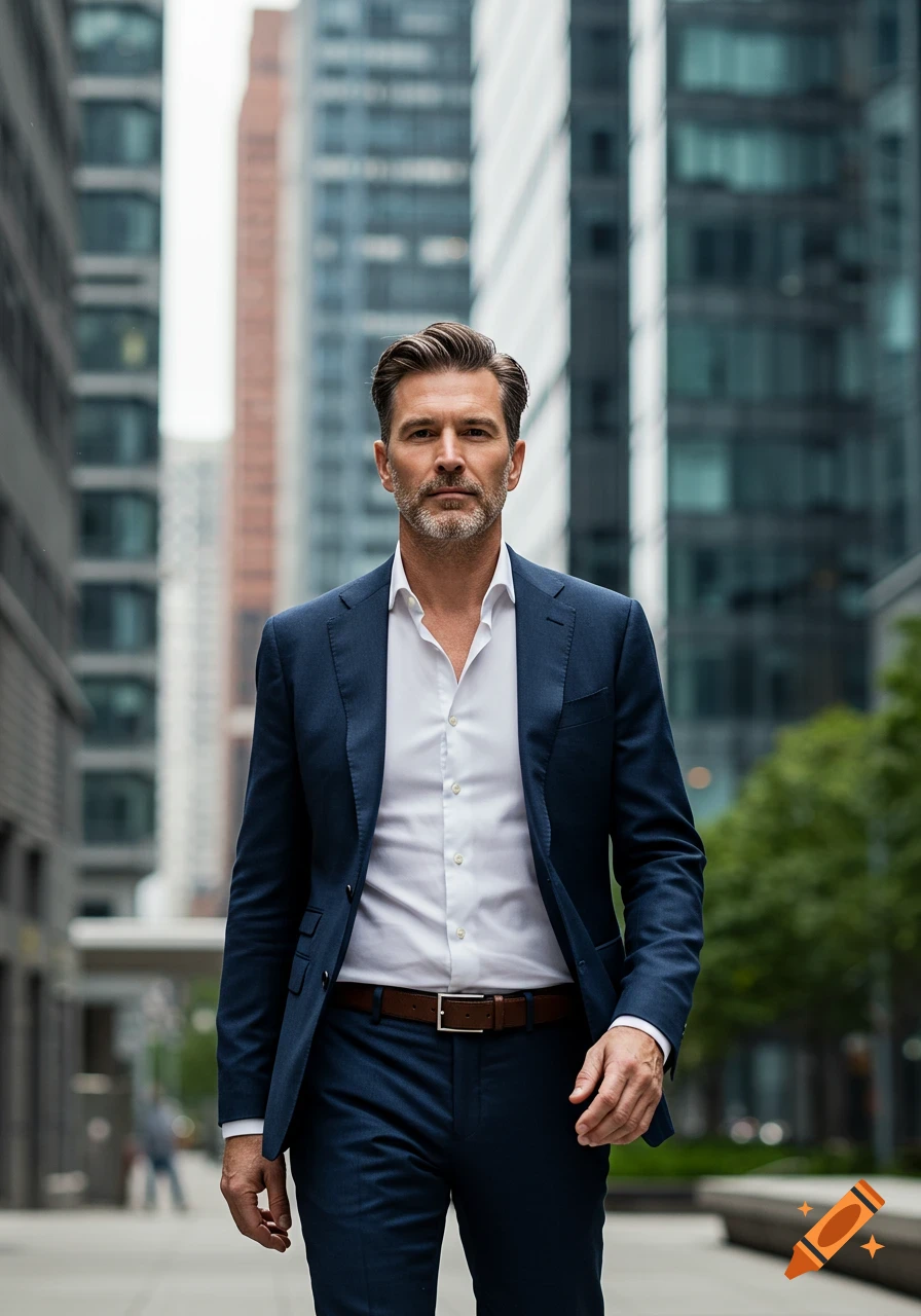Photorealistic image of a handsome man in a navy suit walking confidently through a modern financial district.