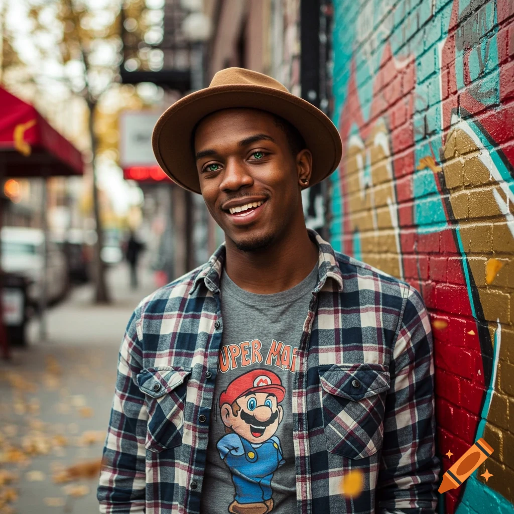 Photorealistic portrait of a smiling Black man in a brown fedora, plaid shirt, and Super Mario t-shirt, leaning on a graffiti wall on a city street.