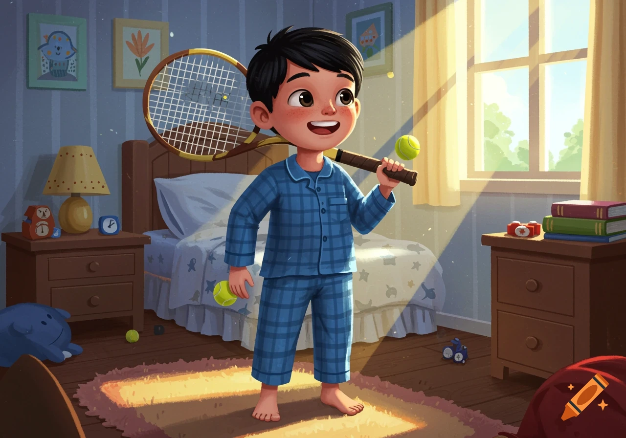 A cheerful boy in blue plaid pajamas holds a tennis racket and ball in his sunny bedroom, illustrated in a children's book style.