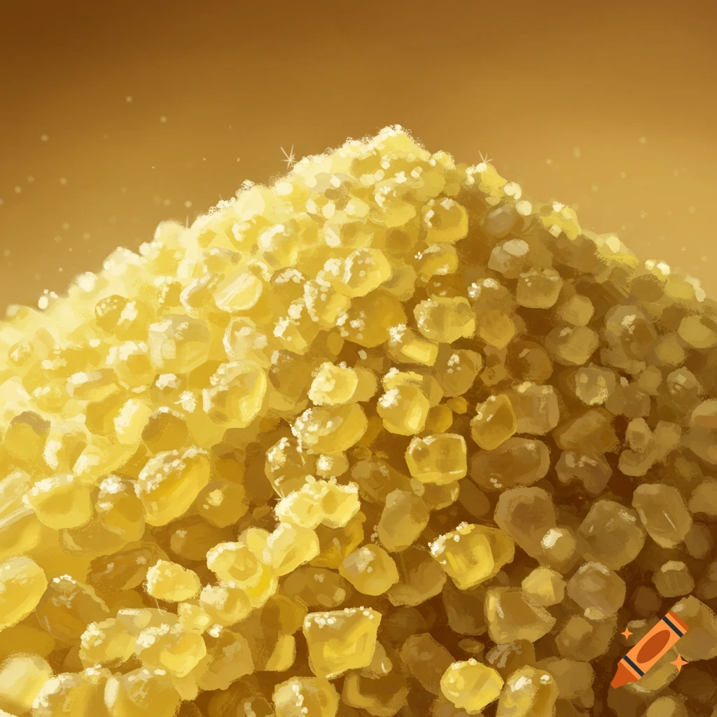A close-up of a large pile of glistening yellow grains, possibly salt or sugar, against a golden background.