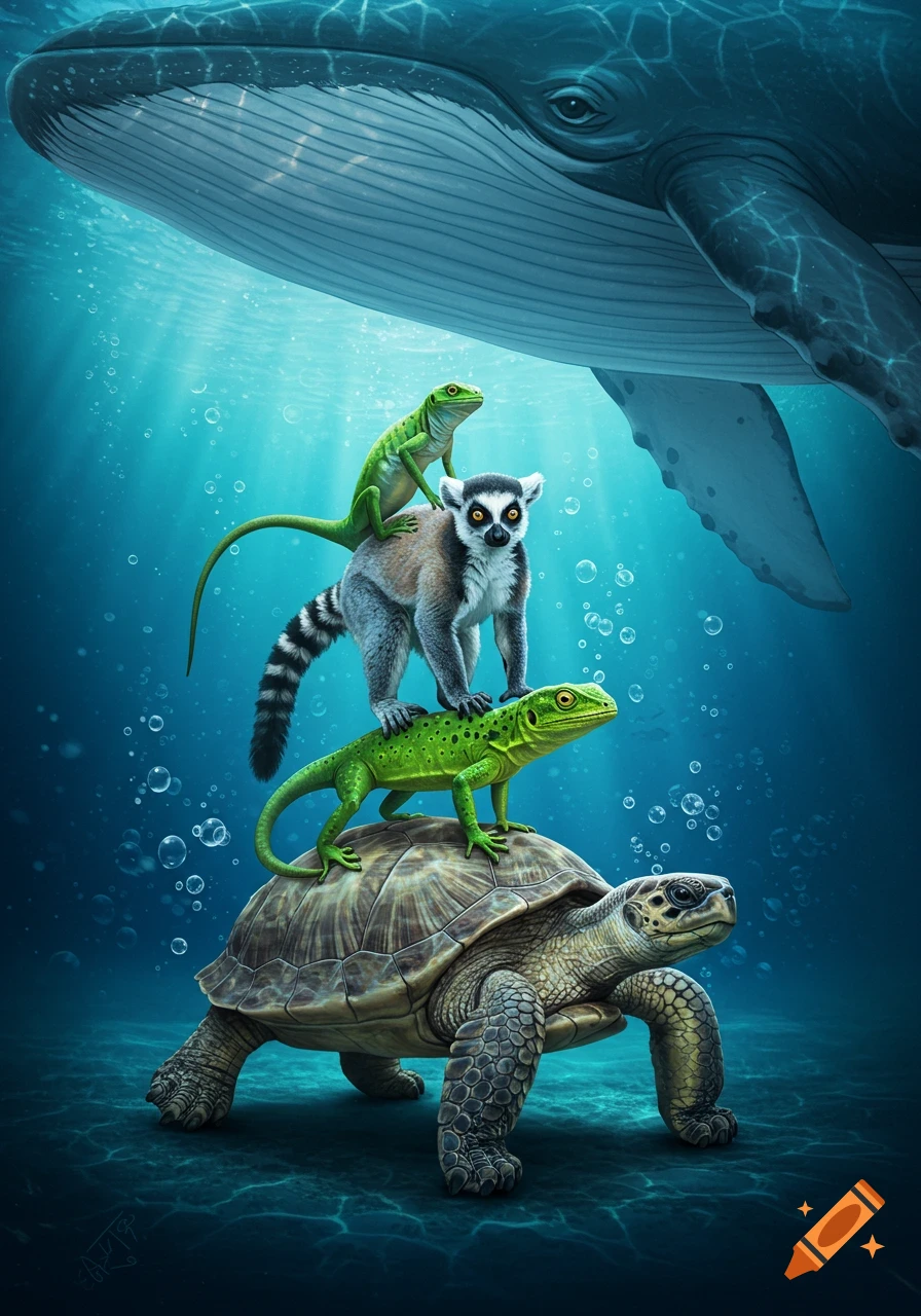 An illustration of a green lizard on a lemur, which is on another green lizard, which is on a large sea turtle, all underwater with a whale swimming above them.