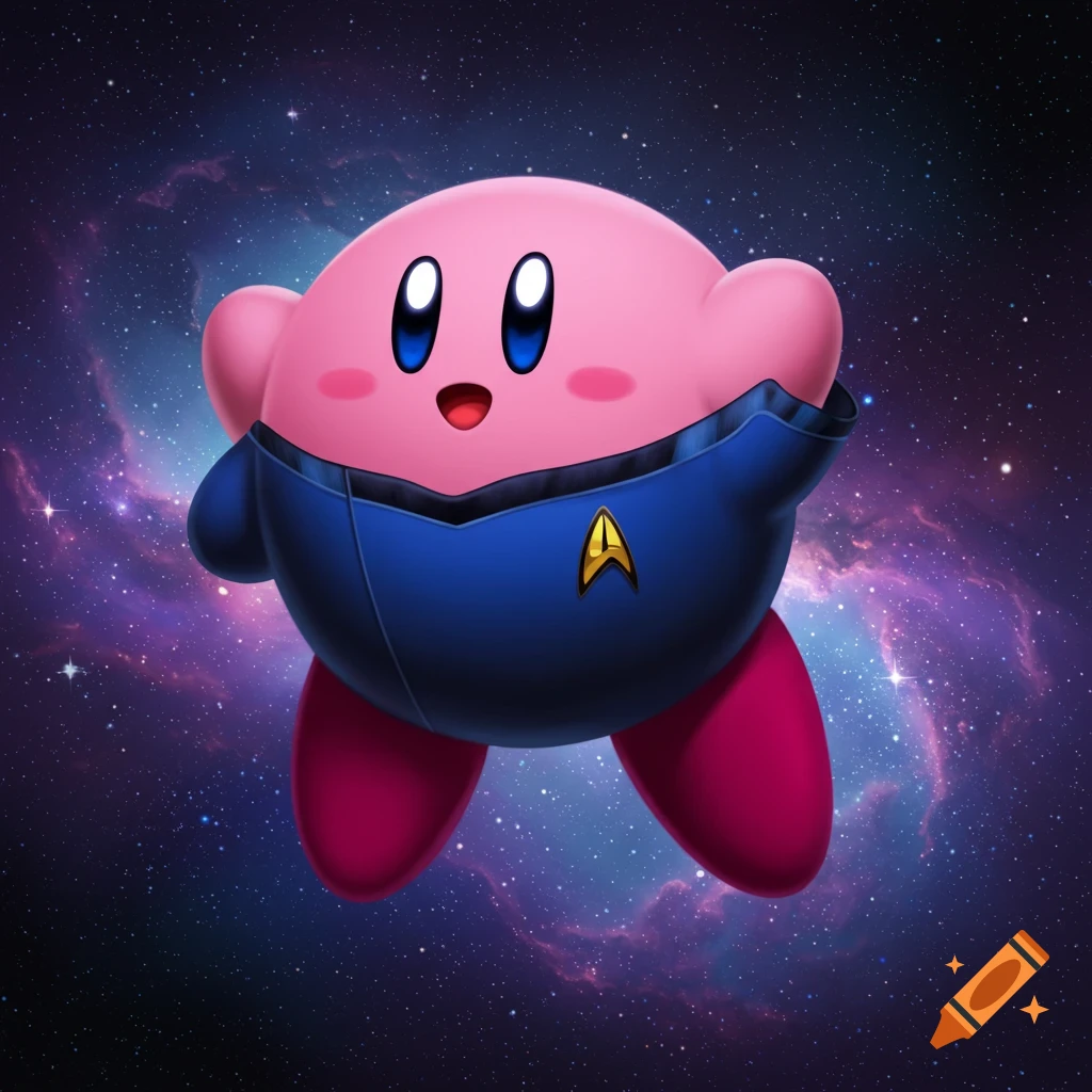 Pink round Kirby in a blue Star Trek uniform with a golden insignia, floating in a vibrant purple and blue galaxy.