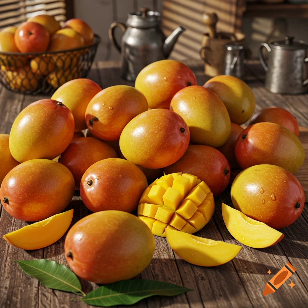 A photorealistic close-up of a large pile of ripe yellow and red mangoes, some sliced, on a rustic wooden table with leaves.