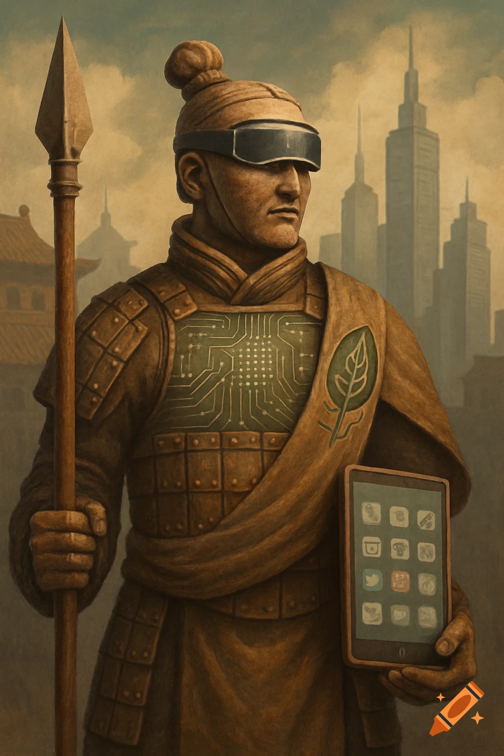 A modern Terracotta Warrior with a futuristic visor and chest circuitry, holding a tablet with app icons, standing before traditional Chinese architecture and modern skyscrapers.