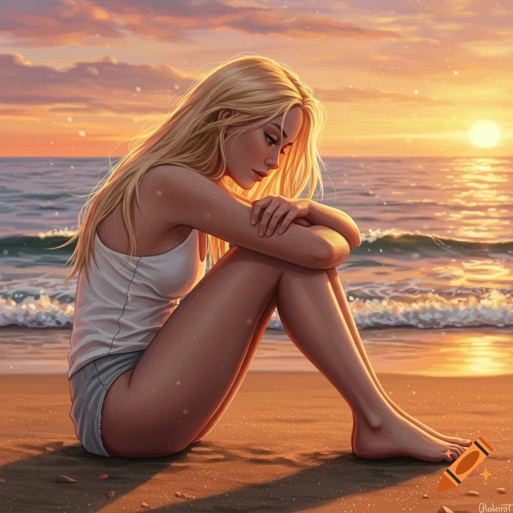 A blonde woman sits on a sandy beach, looking down, with a sunset over the ocean in the background.