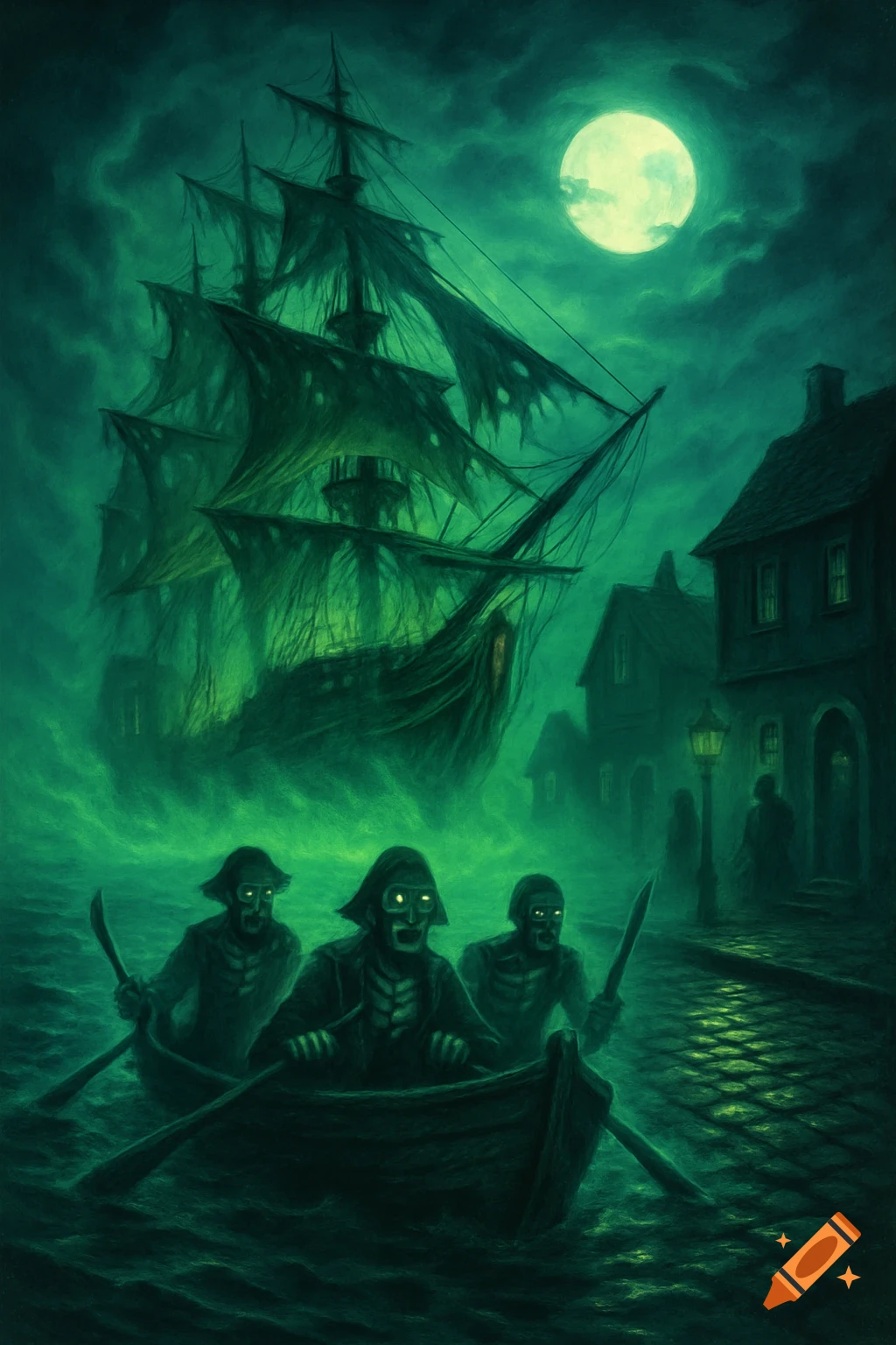Eerie green painting of a ghost ship looming over a town, with three glowing-eyed zombie pirates rowing a boat towards the shore under a full moon.