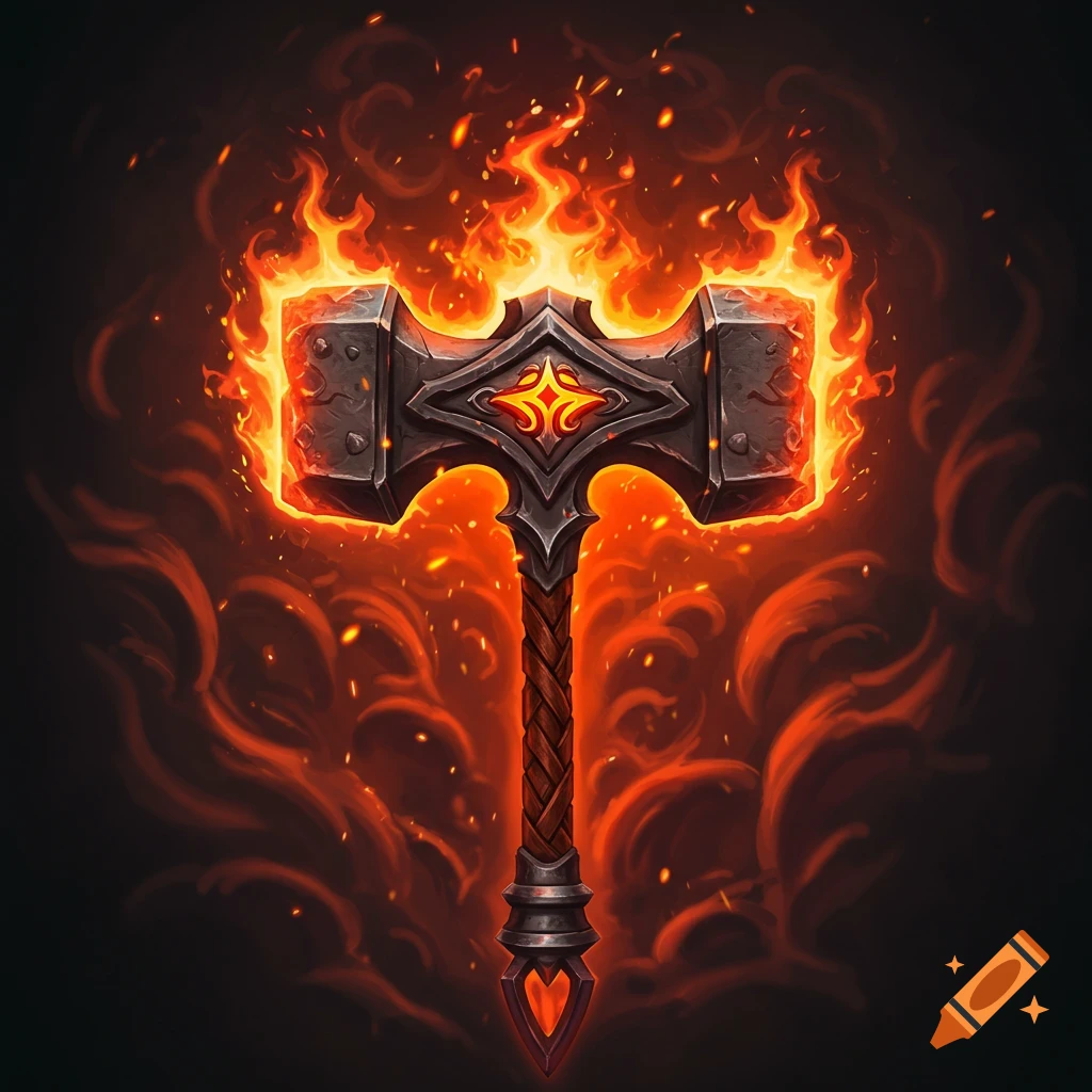 A stylized, flaming warhammer with an ornate glowing head and braided handle, surrounded by fire on a dark background.