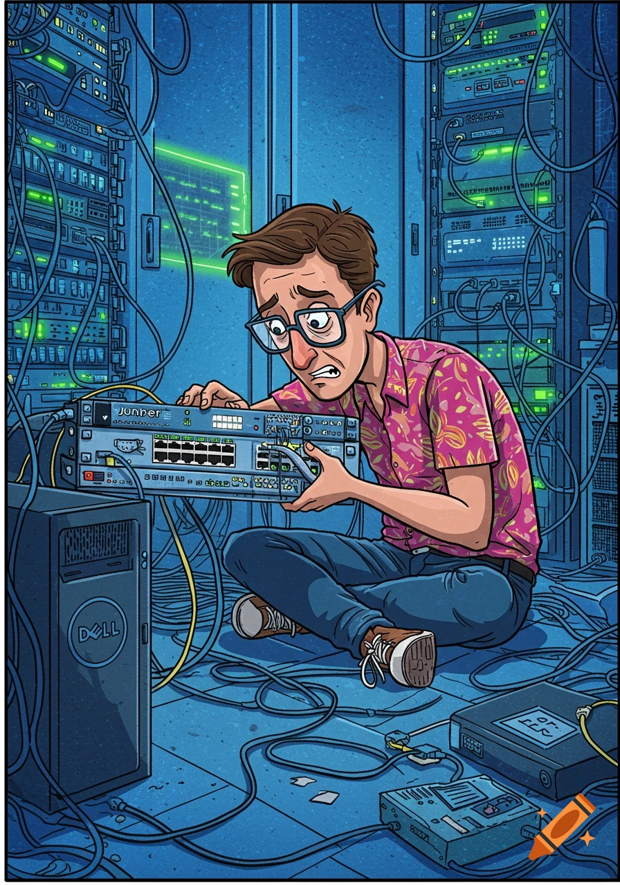 A sad, bespectacled network engineer in a pink shirt sits on the floor amidst tangled wires, confused while holding a network switch in a cartoon style.