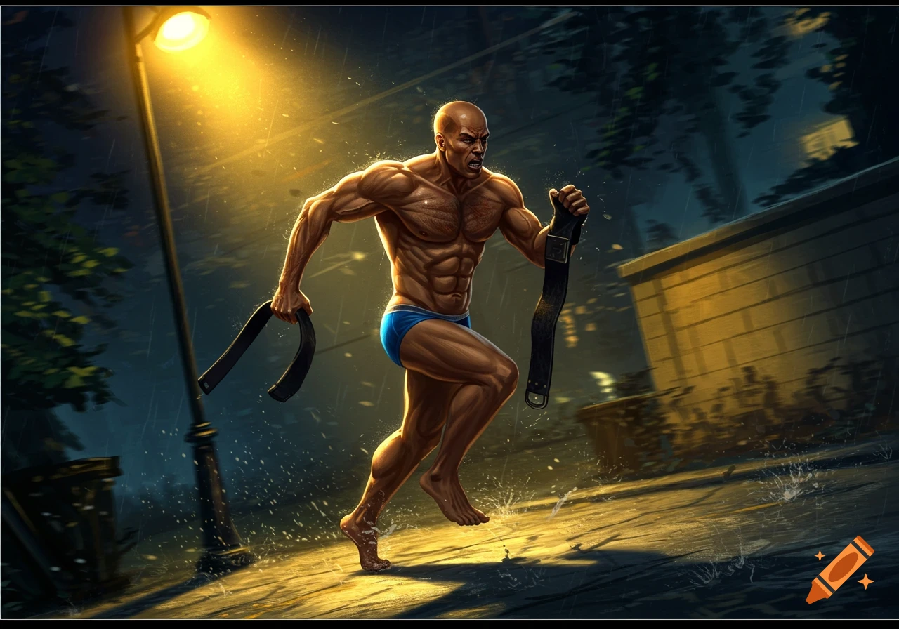 Muscular bald man in blue briefs running barefoot in the rain at night, holding a belt, under a street light. Illustrated style.