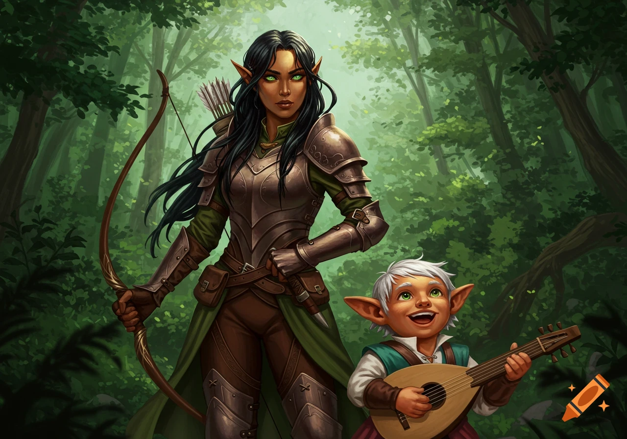 A female elf ranger with a bow and a male halfling bard playing a lute in a vibrant forest, fantasy art.