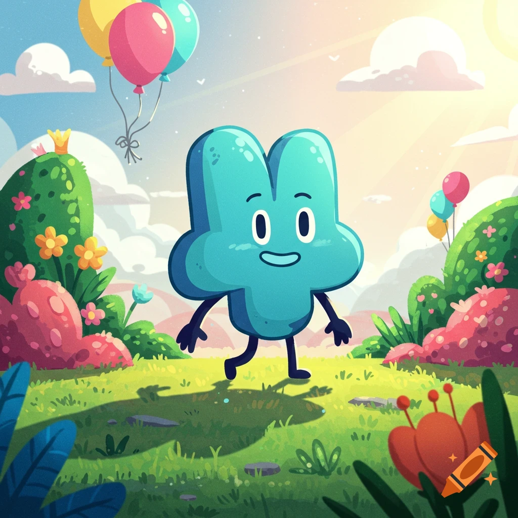 A cartoon blue number four character walks through a bright, colorful fantasy landscape with balloons and flowers.