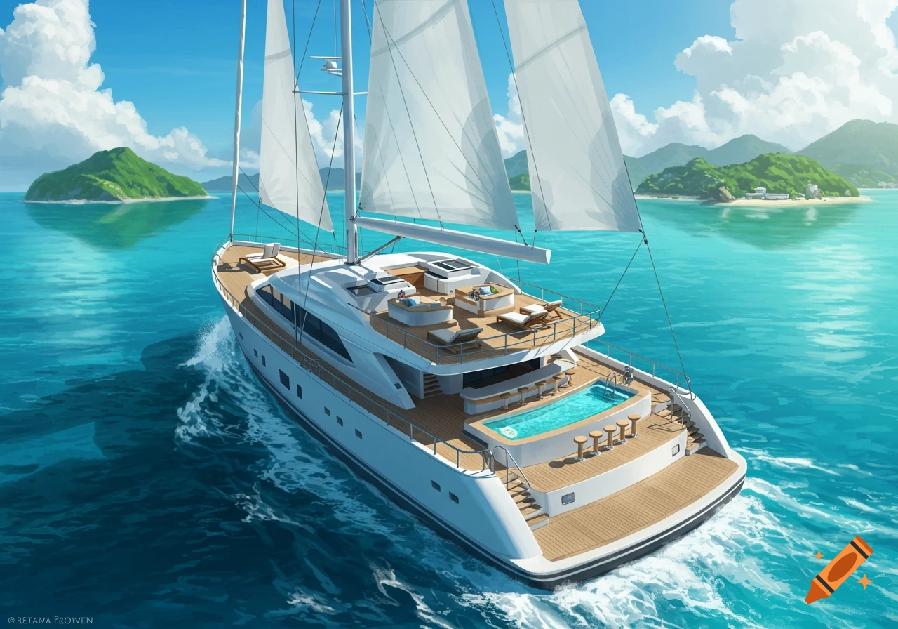 A large white sailing yacht with a pool sails through clear turquoise water past tropical islands under a blue sky, in a vibrant illustration.