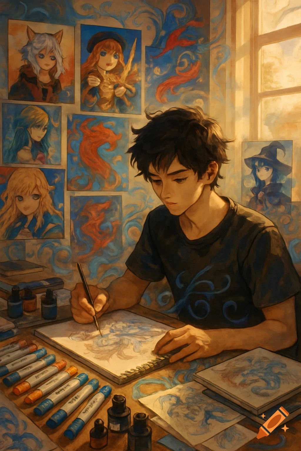 A young anime-style artist with dark hair draws in a sketchbook at a desk filled with markers and ink bottles, surrounded by character portraits on the wall, in a warm, painterly art style.