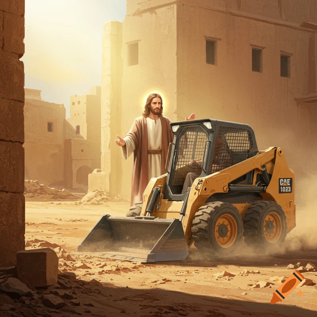 Jesus stands next to a yellow skid steer loader in a dusty desert town with ancient buildings.