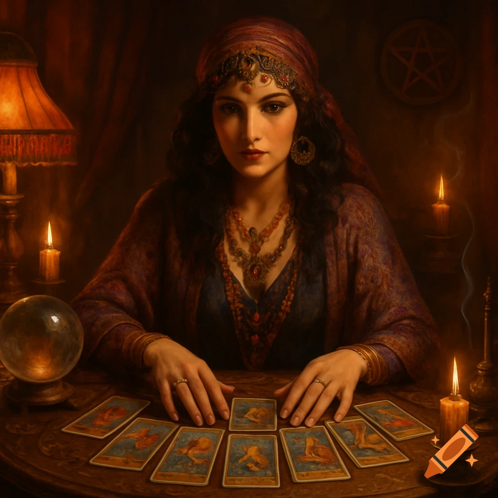 A fortune teller sits at a candlelit table with a crystal ball and tarot cards spread before her.