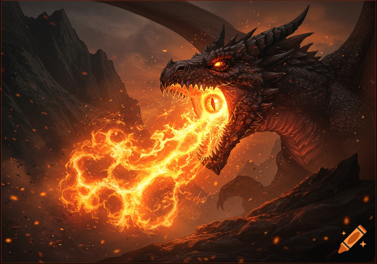 A fierce black dragon with glowing red eyes breathes a torrent of orange fire, an eye visible within the flames, against a fiery, mountainous landscape.