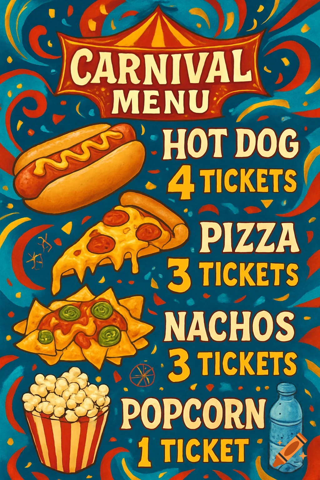 A vibrant carnival menu poster displaying a hot dog, pizza, nachos, popcorn, and a water bottle with their ticket prices on a blue background.